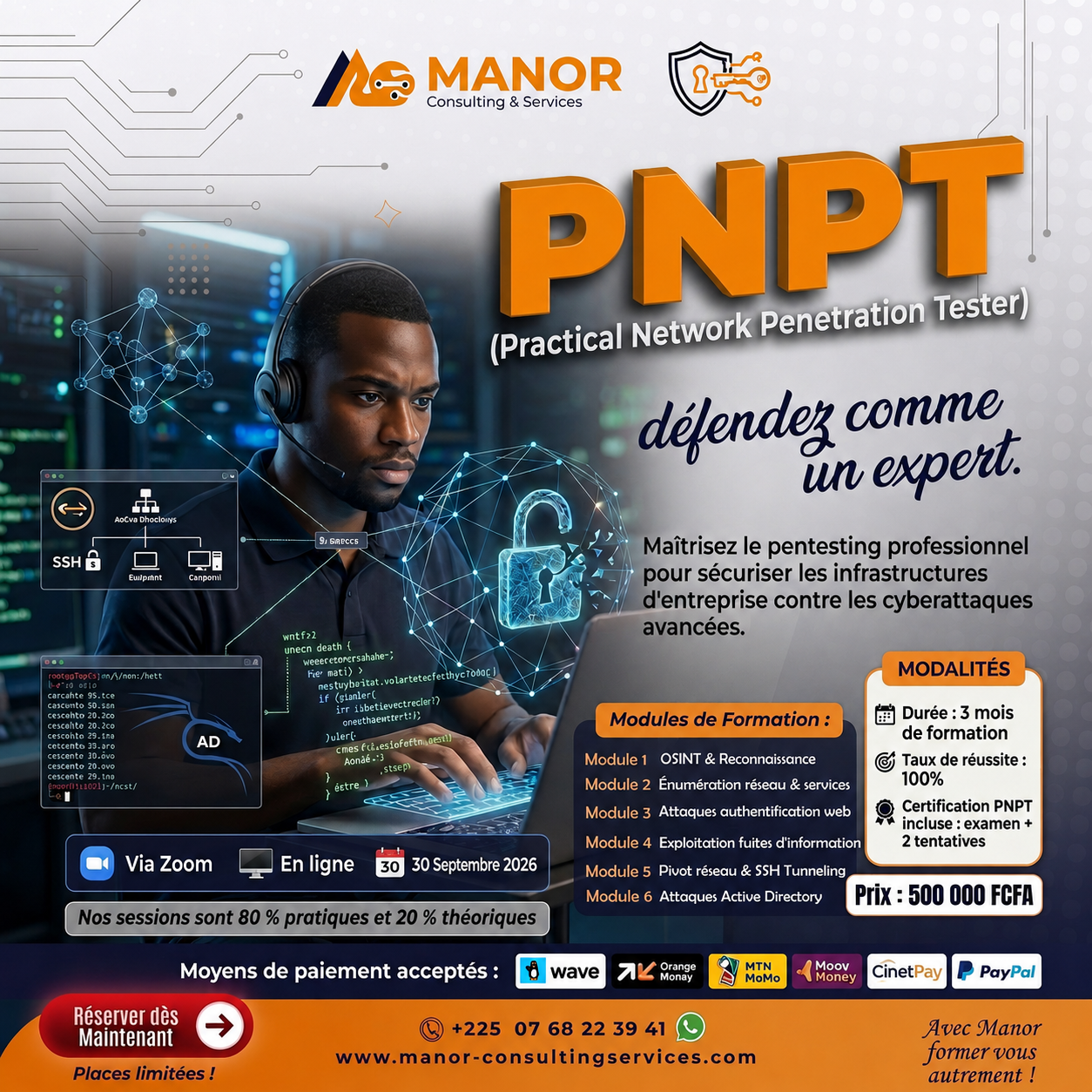Formation PNPT Practical Network Penetration Tester en ligne Abidjan - Manor Consulting septembre 2026